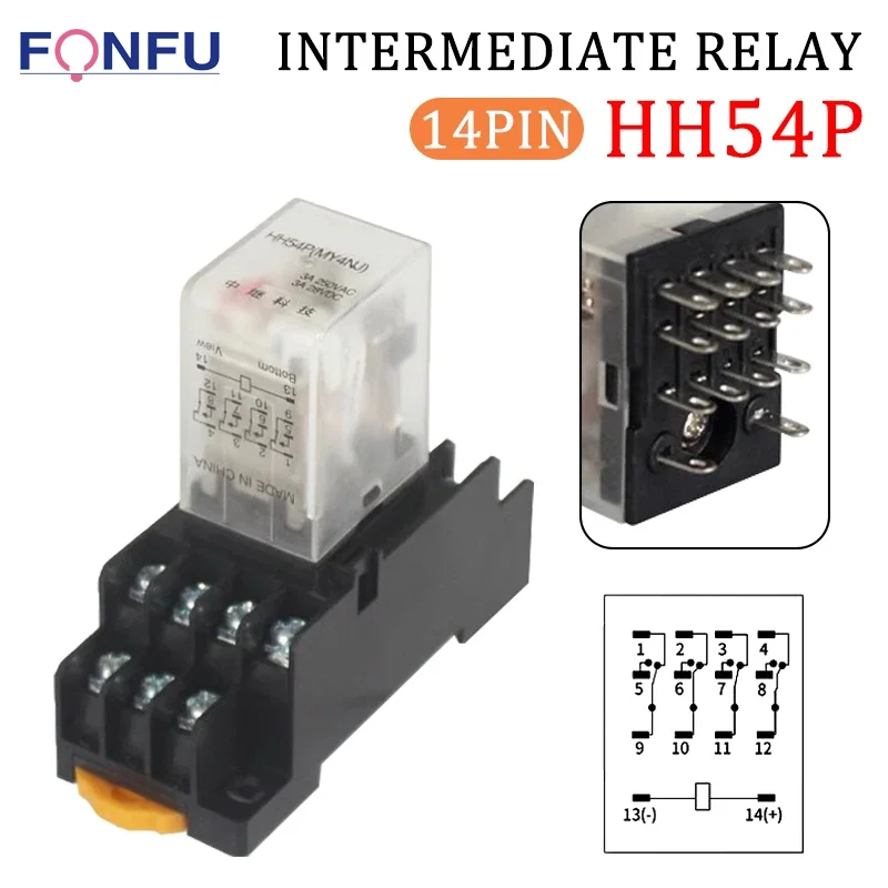 5PCS Relay MY4P HH54P Coil General DPDT AC110V 220V DC12V 24V Micro Mini Electromagnetic Relay Switch with Socket Base LED MY4NJ