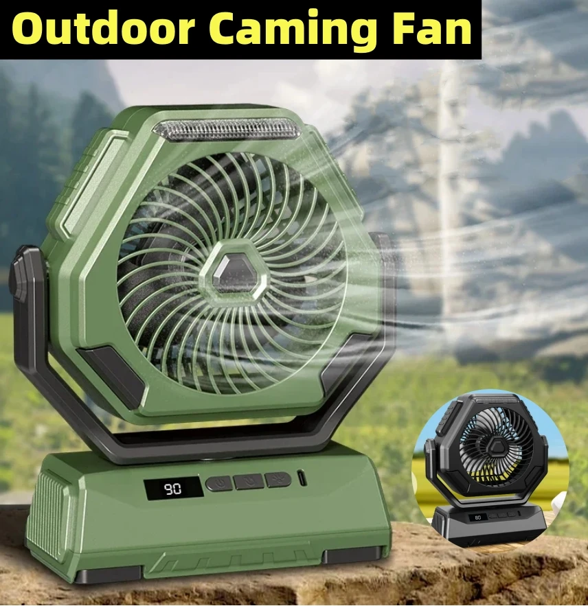 New 2024 Outdoor Camping Fan Rechargeable Ceiling Fan Head Shaking Fan Portable with 3 Gears Night Lighting LED Display Screen