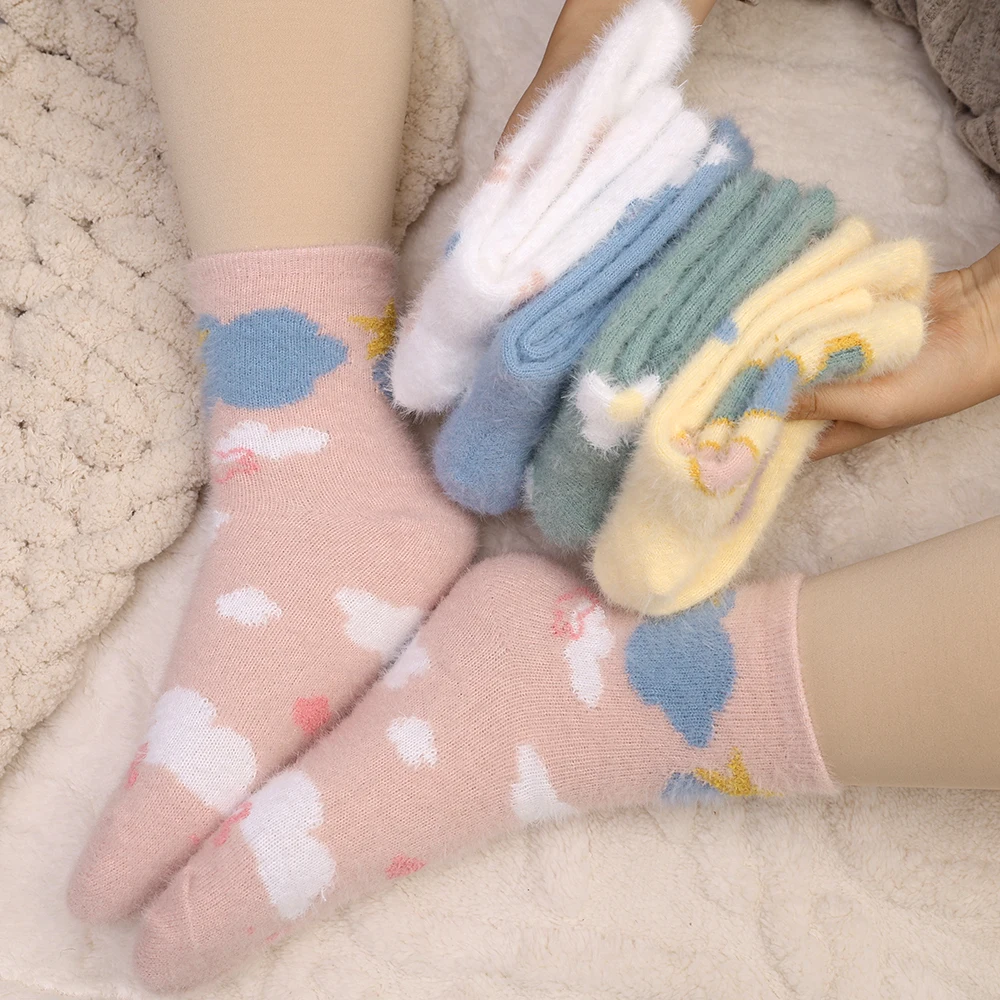 5Pairs Cartoon Fluffy Plush Sock Medium Tube Socks Women Cute Butterfly White Cloud Plush Mink Plush Autumn Winter Floor Socks