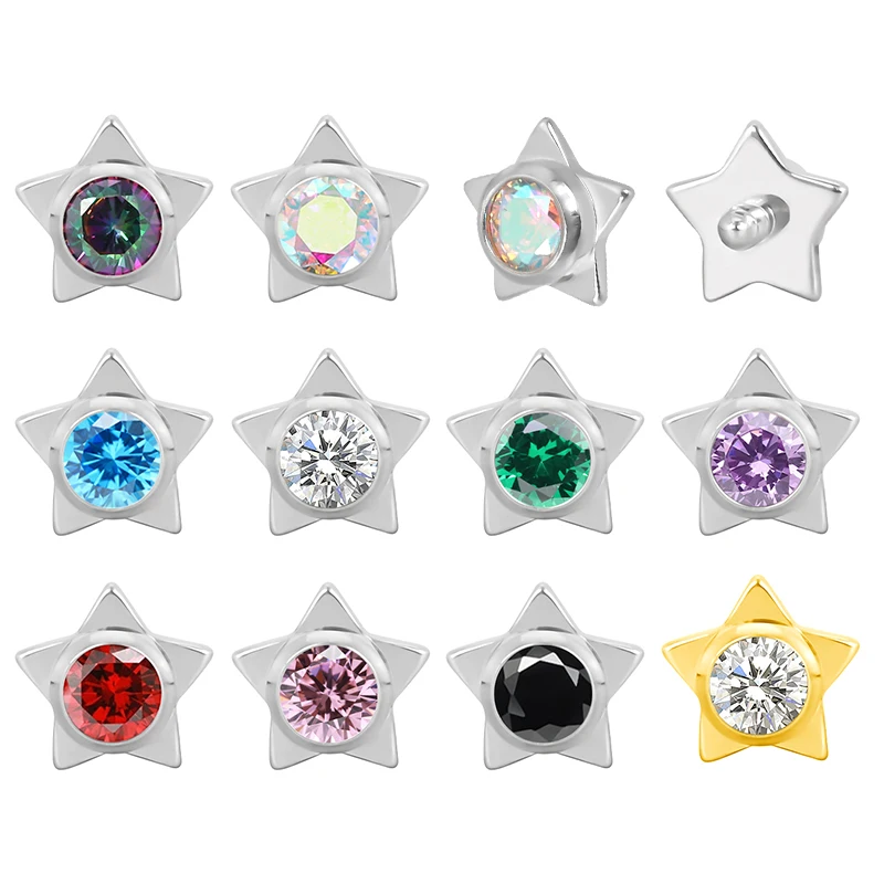 ASTM F136 Titanium Mini Heart Pentagram Ear PIERC CZ Inlaid Top Earrings Threaded Labret Ear Lip Studs Body Piercing Jewelry