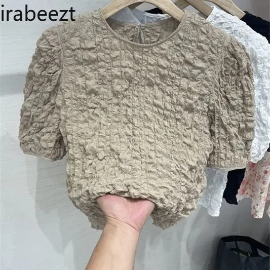 Summer new Korean style three-dimensional fold chic design sense of niche bubble short-sleeved chiffon shirt blusas femininas