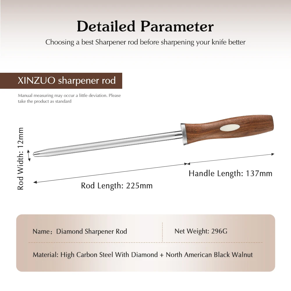 XINZUO Knife 1000# Diamond Sharpening Stick Sharpener Rod High Carbon Steel For Chefs Steel Knives Kitchen Item Black Walnut