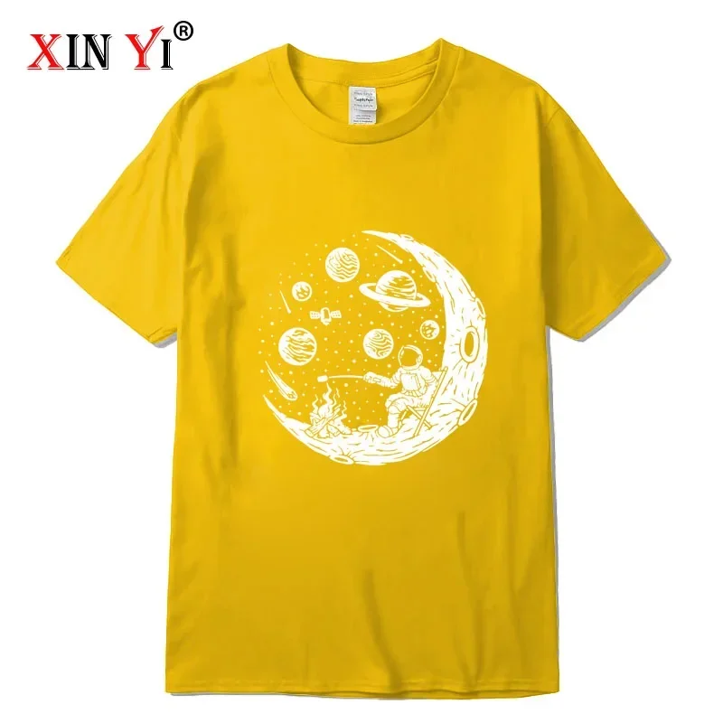 XIN YI Men\'s T-shirt High Quality 100% cotton Funny astronaut moon barbecue print casual loose cool men o-neck t-shirt tee tops