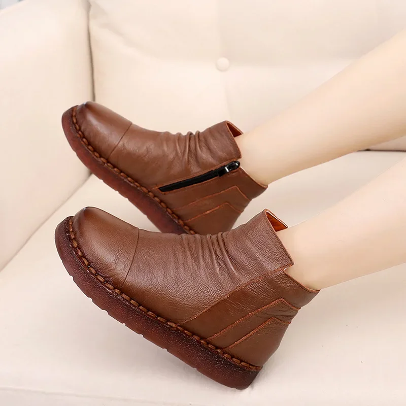 2024 Women Boots Winter Cow Leather Handmade ankle boots Flat Shoes Solid Genuine Leather Snow Boots for Women