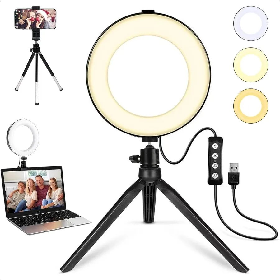 

TREM 2 in 1 LED 6 Ring Light with Tripod Stand Clamp for YouTube Video Makeup Mini LED Camera Light with Cell Phone Holder 3 Li