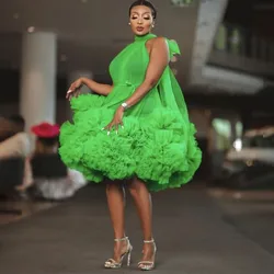 Fashion Green Tutu Tulle Ruffles Trimmed Women Dresses Halter Knee Length Female Maxi Dresses To Party Color Size Free