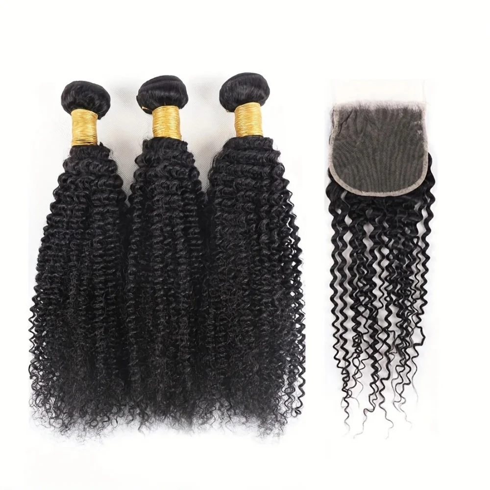 Вьющиеся волнистые пучки человеческих волос 22, 24, 26 и 20 дюймов, 3 пучка с кружевной застежкой 4x4, 100% необработанные волосы, двойной уток, натуральный черный