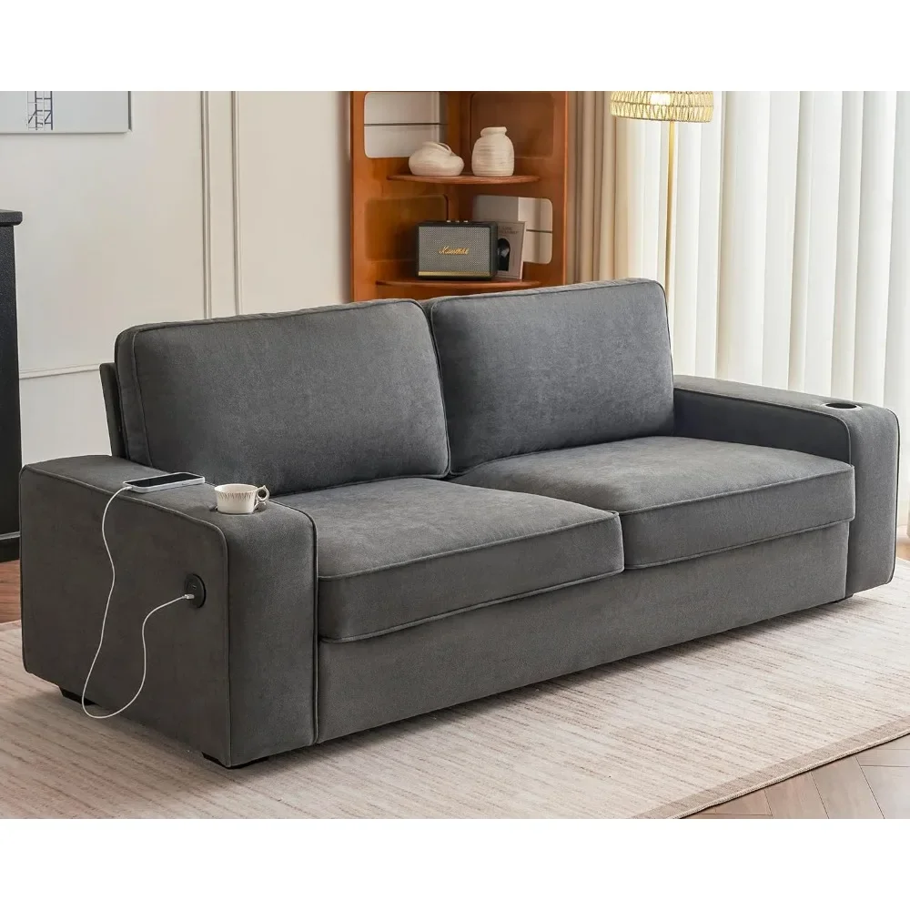 Couch, 3-Seater Sofa Couch- Deep Seat Sofa with 2 USB Charging Ports & 2 Cup Holders, Modern Sofas for Living Room, Chenille