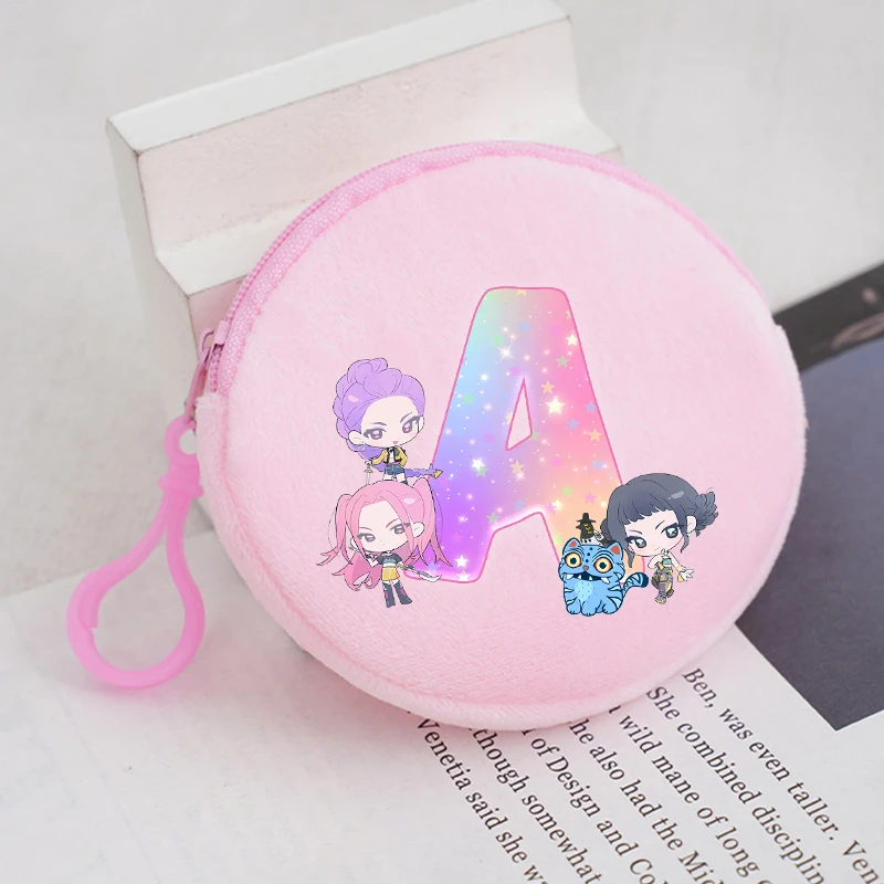 

KPop Demon Hunters Girl Boy Pink Round Coin Purse A-Z Letters Fashion Portable Plush Coin Zippered Wallet Purses Kid Storage Bag