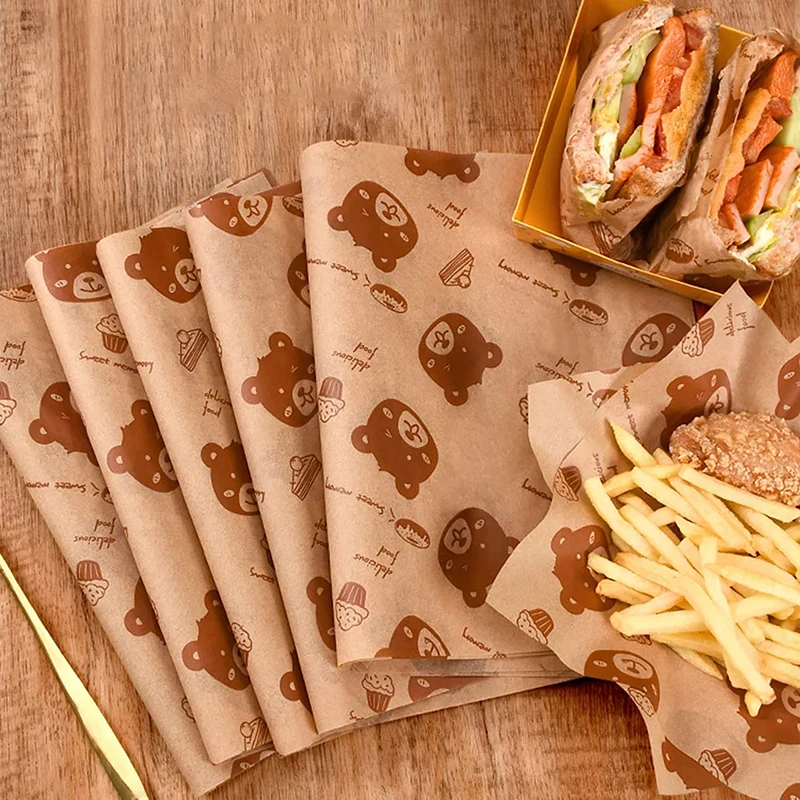 100Pcs Cartoon Coated Sandwich Wrapping Paper Oil-Proof Disposable Breakfast Chicken Roll Food Sheet