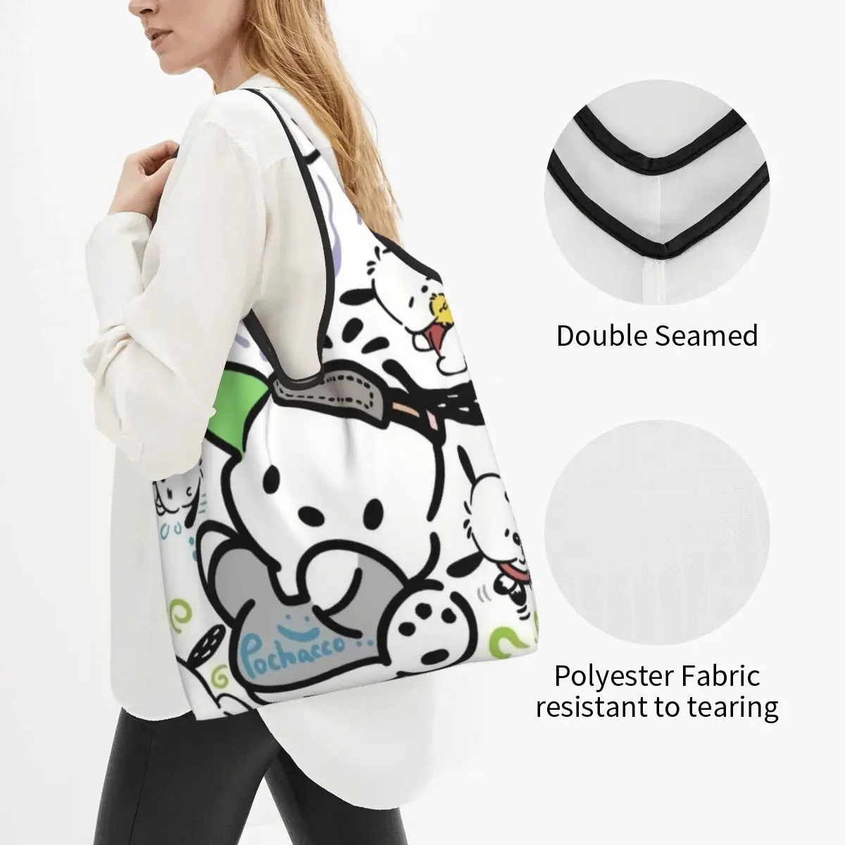 Custom Pochacco Sanrio Cartoon Groceries Tote Shopping Bag Women Funny Shoulder Shopper Bags Large Capacity Handbags