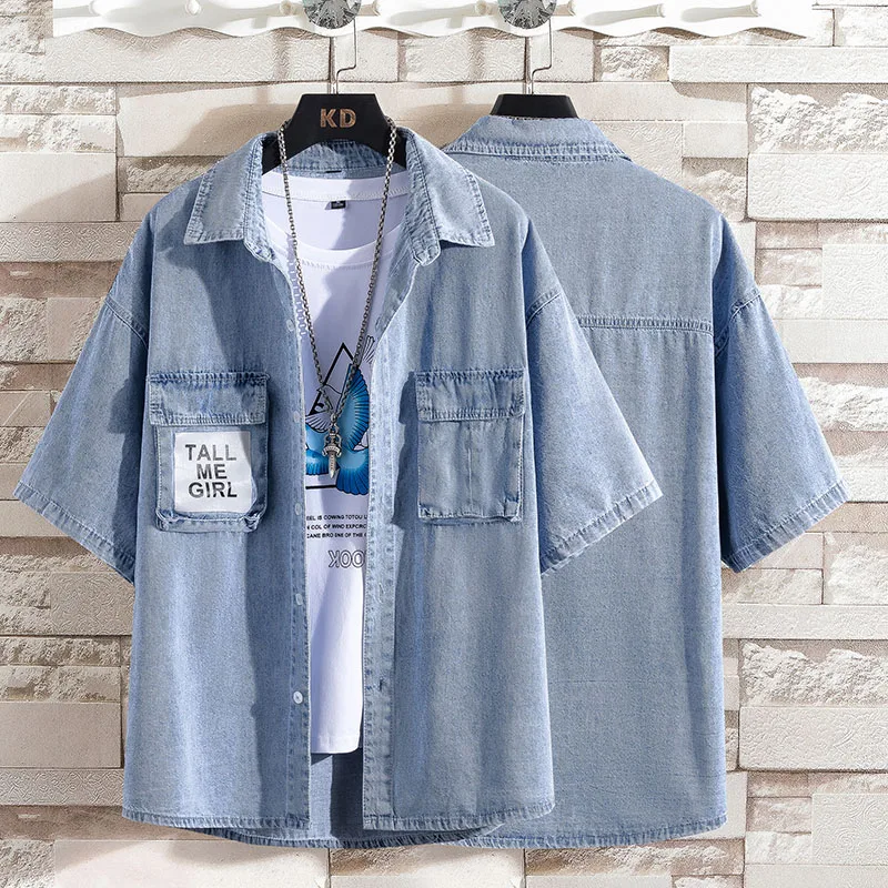 New Summer Men\'s Blue Denim Shirts Short Sleeve Jean Shirts High Quality Men Cotton Light Blue Denim Shirts Plus size M-4XL