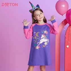 DXTON Girls Autumn Spring Dress Long Sleeve Kids Casual Dresses Unicorn Star Printed Kids Straight Dress Cotton Children Clothes