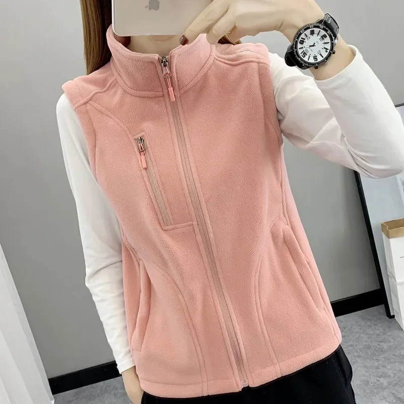 Wiosna Jesień Damska Nowa Bluza Bez Rękawów z Polaru na Zamek Błyskawiczny Modna Damska Krótka Kamizelka Kurtka Damska Duży Rozmiar 4XL Bezrękawnik Płaszcz