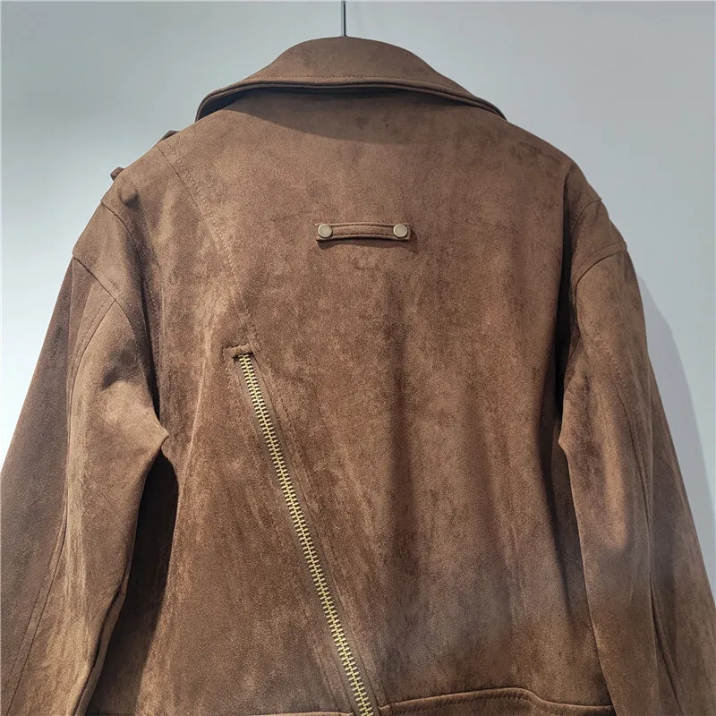 WTHT 패션 트렌디 여성 빈티지 지퍼 디자인 PU 가죽 오토바이 재킷 2025 여름 라펠 긴팔 코트 여성 1LS2123