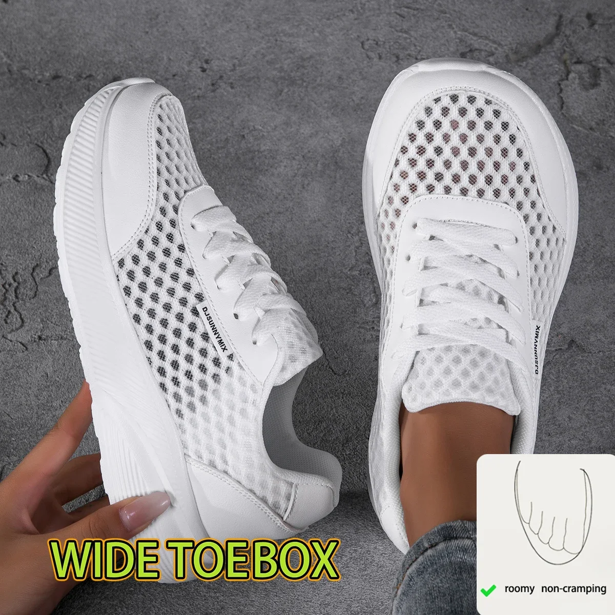 New Women Wide Feet Casual Shoes Fashion Summer Mesh Lace Floral Pattern Walking Sneakers Soft Breathable Black Female Footwear