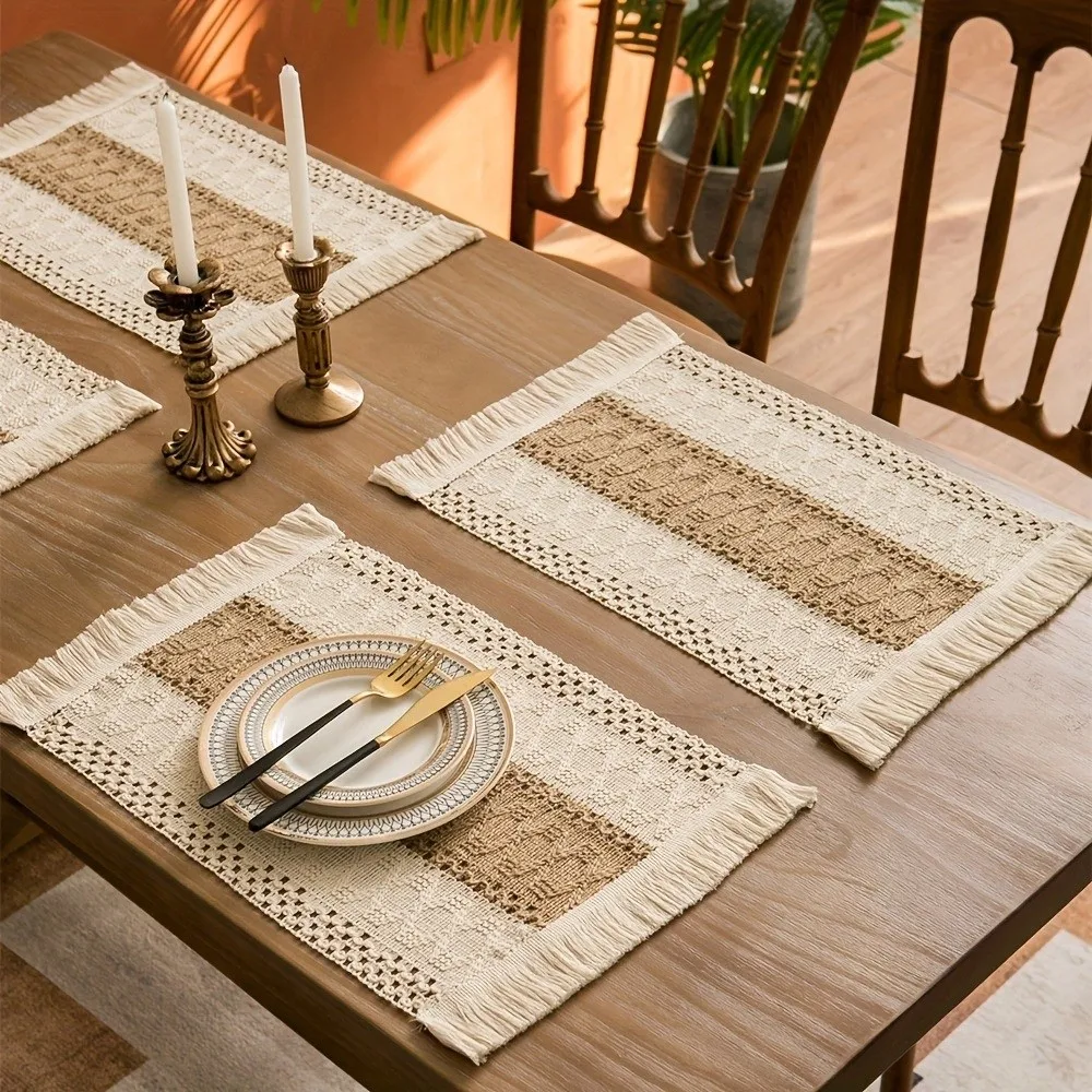 4pcs Bohemia Rectangle Table Mats with Tassel Heat Resistant Boho Burlap Placemats Striped Washable Linen Braided Place Mats