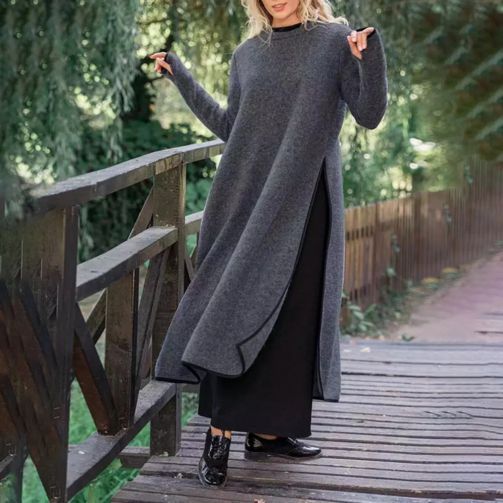 Spring and Winter Warm Women Sweater Dress Elegant Loose Plus Velvet Split O-Neck Contrast Edge Plus Size Pullovers Jumper Dress