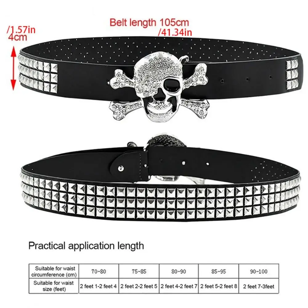 เข็มขัดหนัง PU สีดำ ประดับหัวกะโหลกคริสตัล  แบบปรับได้  ทรง Y2K  สำหรับคู่รัก