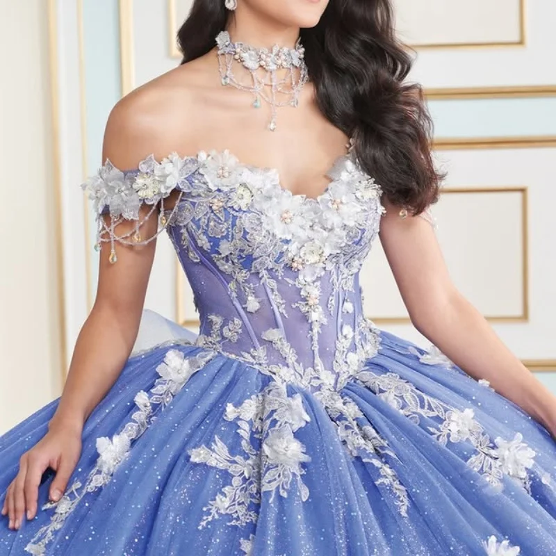 

Customized Shiny blue Quinceanera Dresses Off the Shoulder decal crystal 3D flower Lace Bow Long tail Vestido 15 Quinceanera