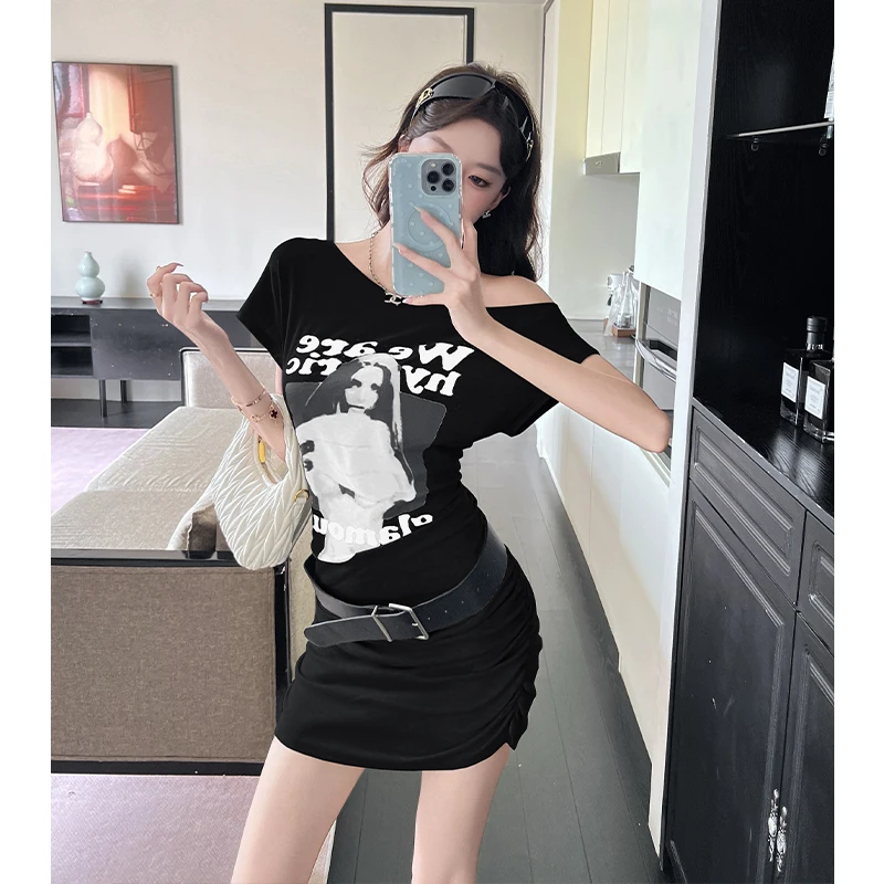 2025 Summer Korean Fashion High Street T-shirt Dress New Women Printed Diagonal Collar Pleated Mini Dress Sexy Casual Streetwear