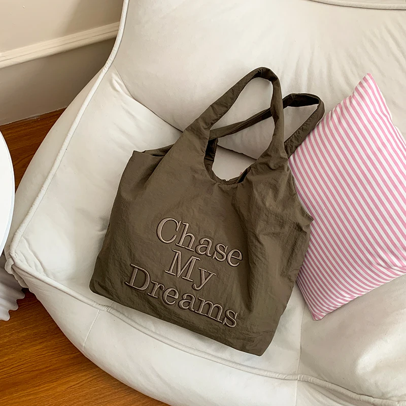 

Ins Trendy Lightweight Nylon Tote Bag with Letter Embroidery Women Casual Shopping Shoulder Bag Portable Daily Use Handbags