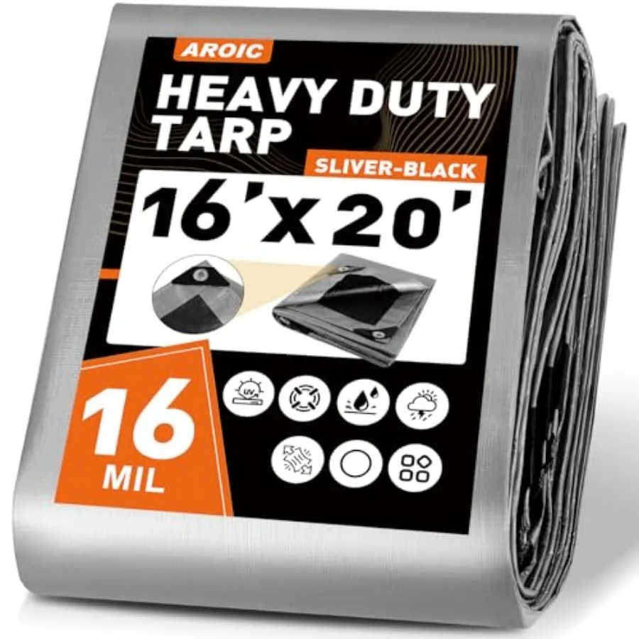 

16x20 Feet Waterproof Tarp, 16 Mil Thick Heavy Duty Cover with Reinforced Edges and Rustproof Grommets - UV Resistant Tearproof