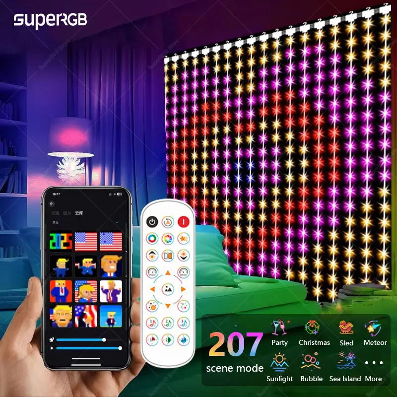Smart LED Curtain Light String 400 LEDs Syncs with Music Rhythms RGB DIY Color Changing Valentine's Day New Year Decorations