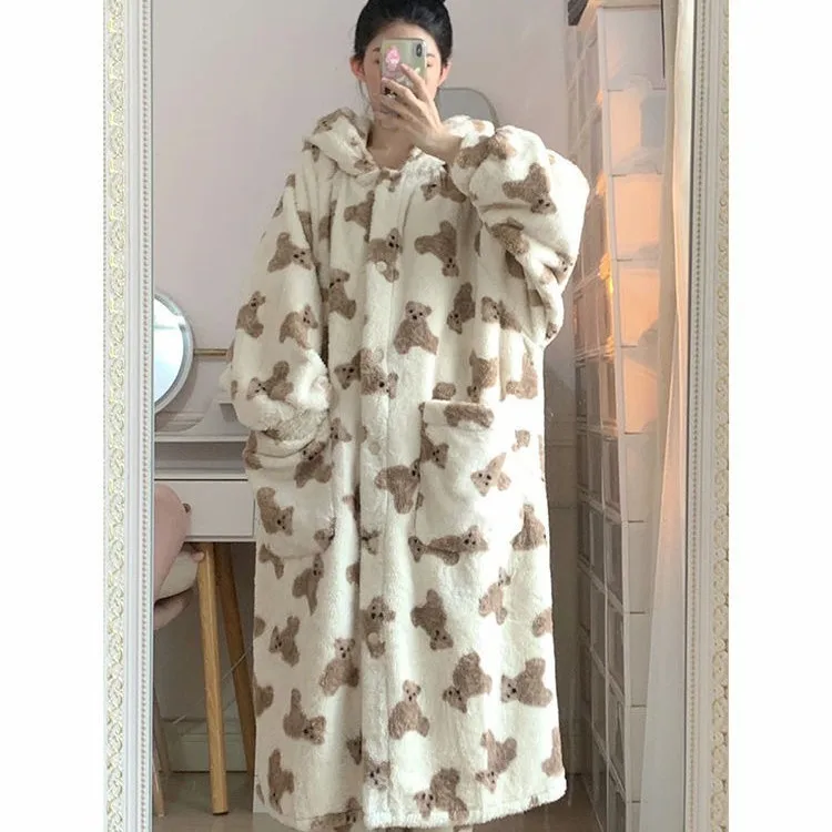 الشتاء المرجان بيجامة من الصوف المرأة لطيف الدب الصغير سميكة رداء طويل ملابس المنزل فتاة الكرتون ملابس خاصة ملابس غير رسمية