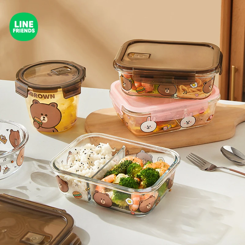 

Line Friends Anime Cartoon Brown Cony 1100Ml Large Capacity Glass Lunch Box Kawaii 3-Compartment Lunch Box Portable Fresh Bowl