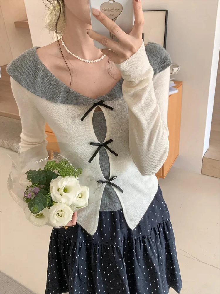

Patchwork Bow V Neck Knitted Tops Women 2025 Autumn Sweet Slim Fit Long Sleeve Sweater Fashion Versatile Y2k Pullover