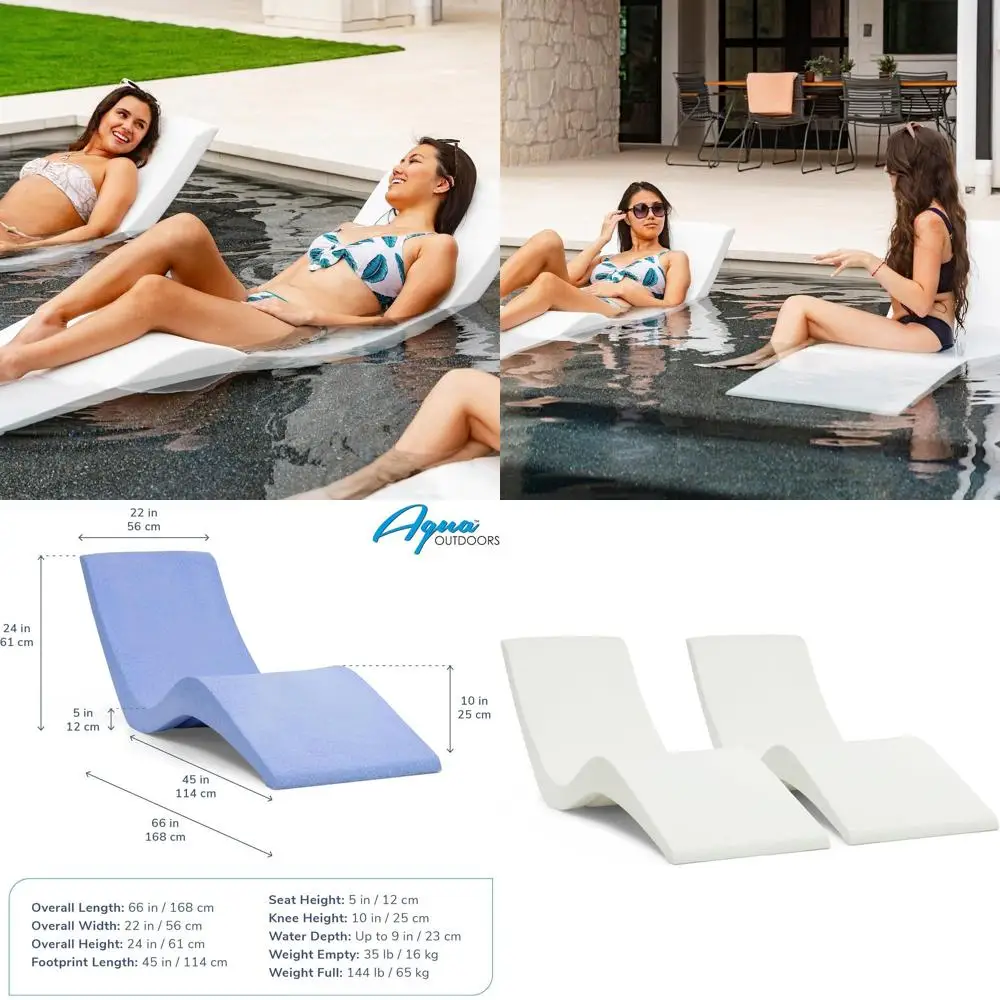 

White Outdoor Pool Chaise Lounge Chairs, Ledge & Shel, Water-Weighted, Depth-Rated, No Tools Required, Set of 2