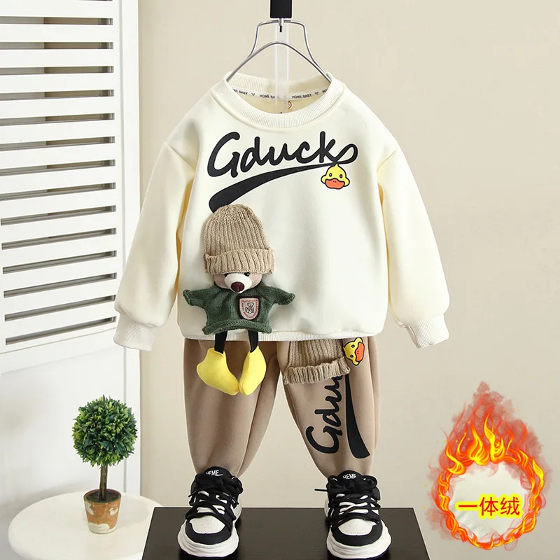 

Спортивные комплекты для мальчиков, детский спортивный костюм, зимние комплекты детской одежды, утепленная флисовая толстовка с мультяшным рисунком для мальчиков + штаны, 2 шт./комплект