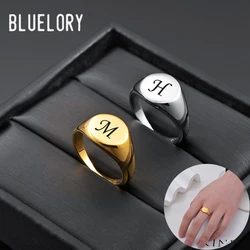 Bluelory  Personalized Engrave Initial Letter Women Men Oval Rings Stainless Steel Alphabet Signet Band Punk RingsHigh Polished
