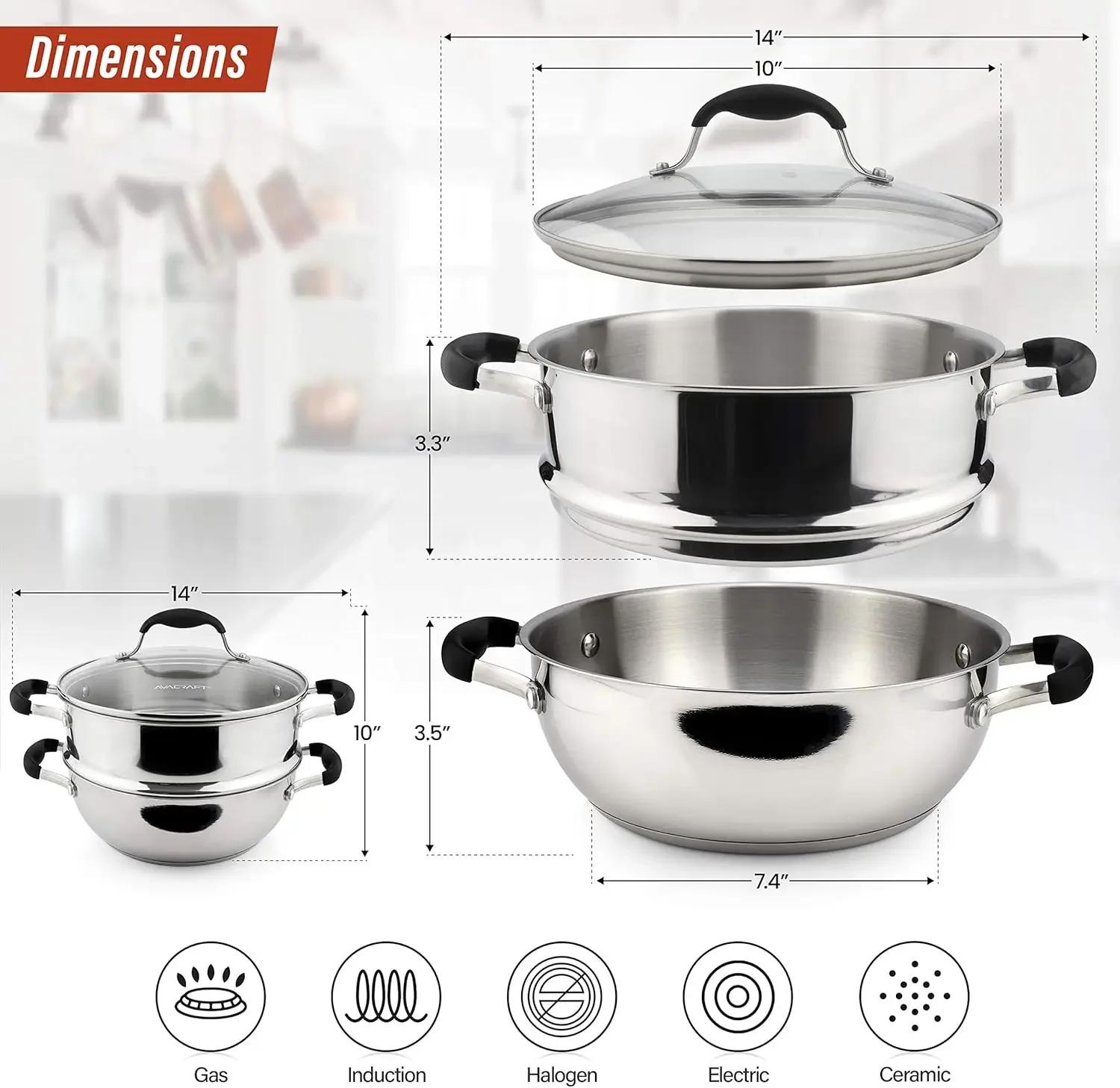 NEW NEW 18/10, 3 Piece Stainless Steel Steamer Cooking Pot Set, Steamer for Cooking, Steamer Pan Set with Glass Lid, Momo Maker