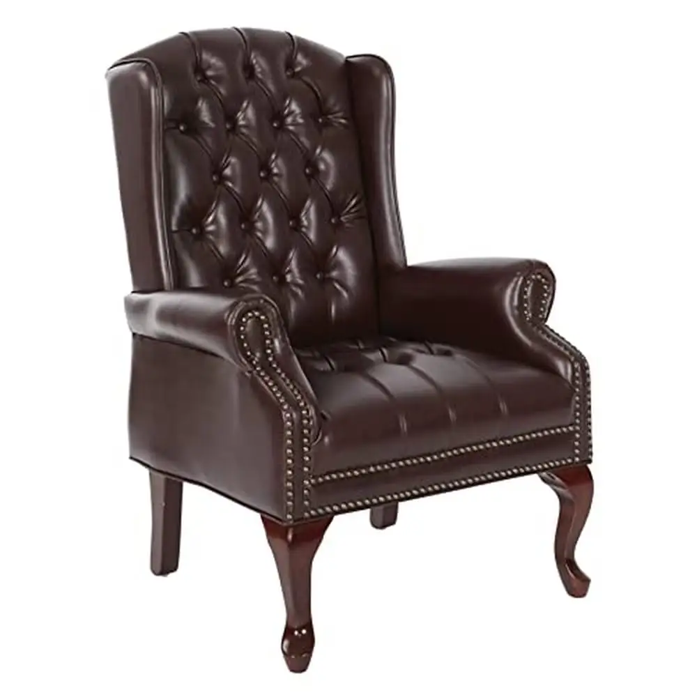 Traditional Queen Anne Style Executive Chair Thick Padded Seat Lumbar Support Royal Cherry Finish Bordeaux Red Design Nail Head