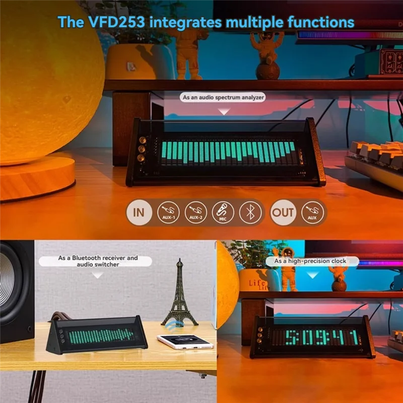 A69Z Desain Retro VFD Tampilan Spektrum Musik Layar Pengukur Tingkat Suara Pengalih Audio Bluetooth 5.0 Jam Desktop Remote Control