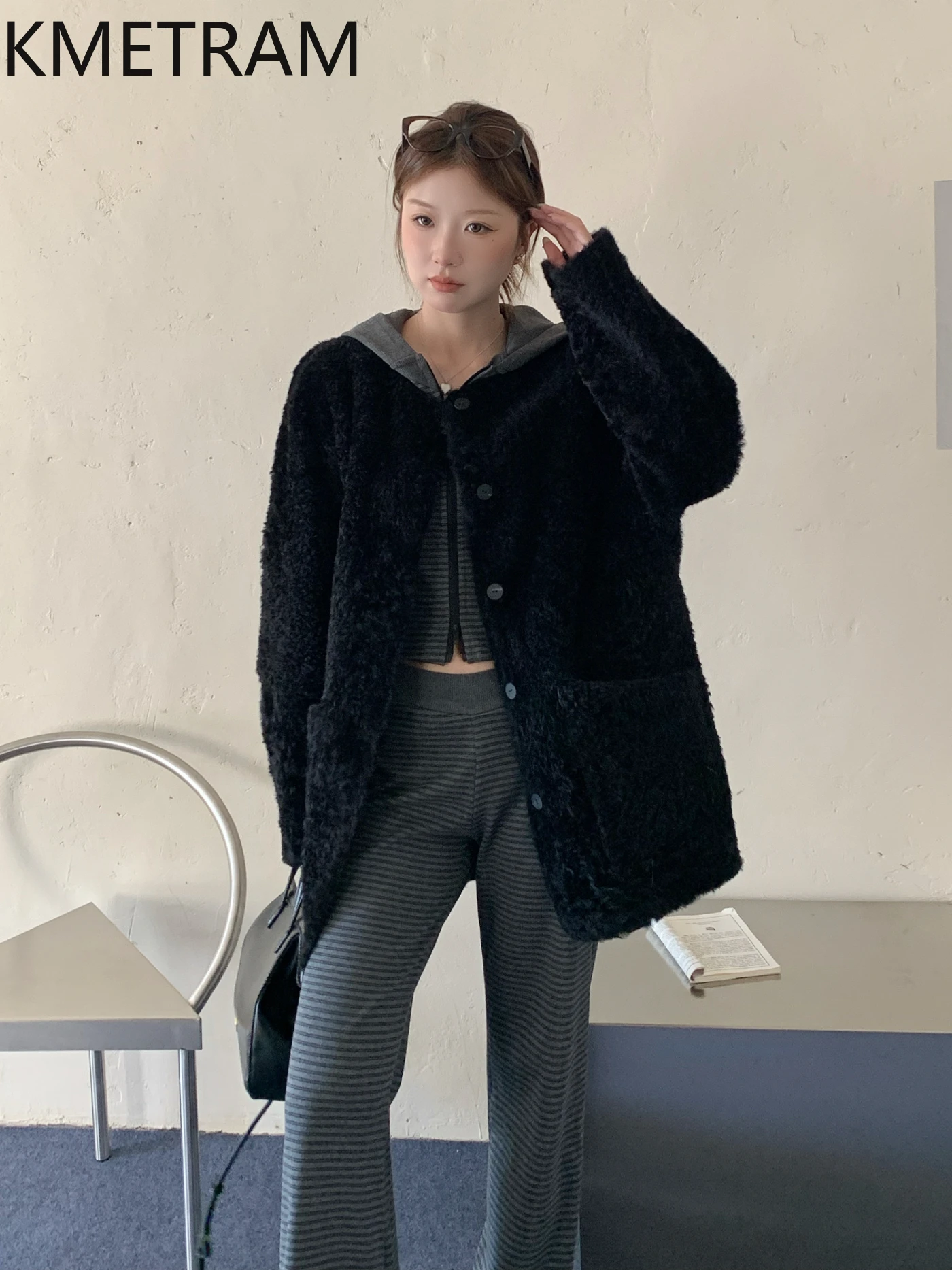 KMETRAM 100% Merino Wool Sheepskin Fur Coat Double Faced Real Fur Black Jacket Autumn-Winter Simple Clothing 2025 vestes femmes