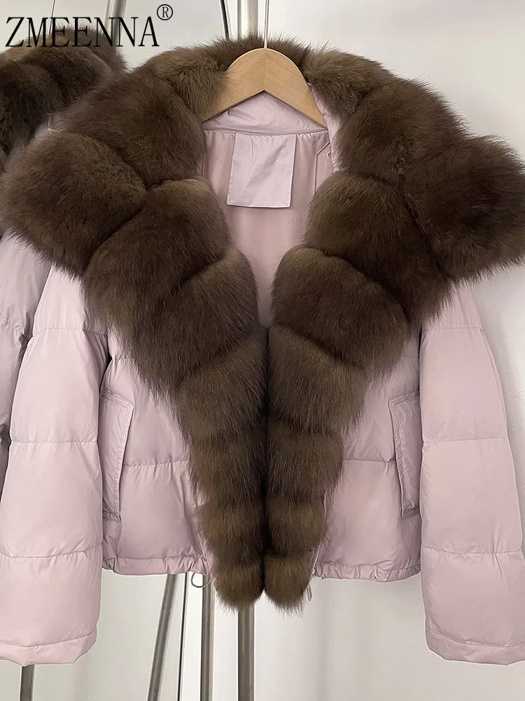

ZMEENNA женская короткая пуховая куртка с меховым воротником, роскошное зимнее пальто, теплая верхняя одежда, светло-розовая мода ZM4313