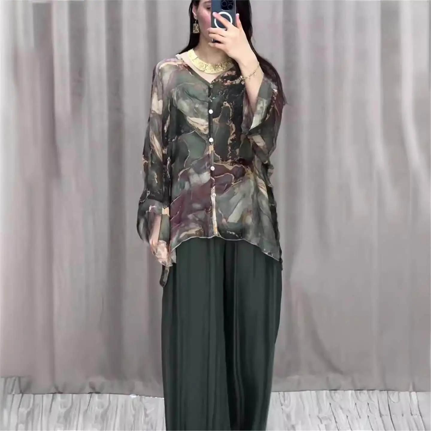 

Spring 2024 Fashion Hand-Painted Print Blouse Top Wide Leg Pants Two-Piece Set Women's Clothing Stylish Casual Pants