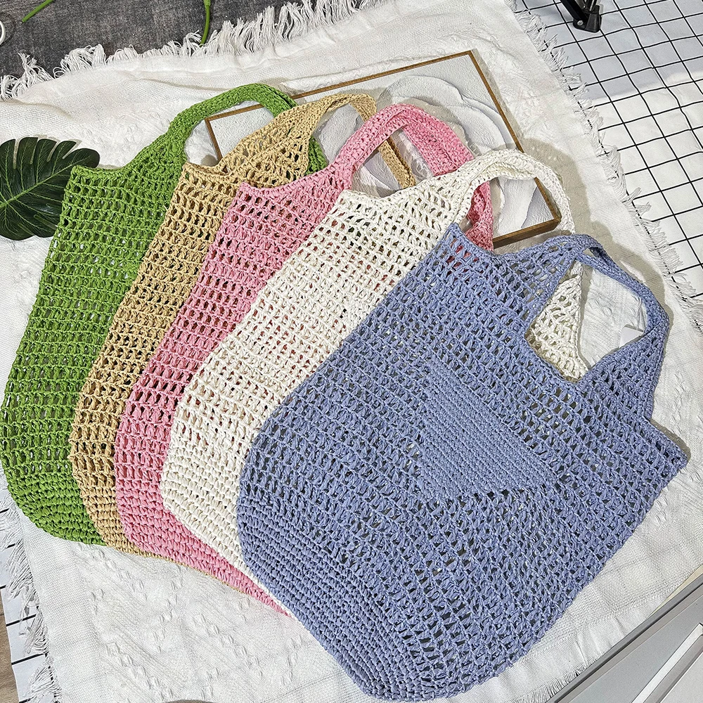 Paper Woven Tote Bag Handmade Summer Beach Handbag 2024 Casual Hollow Straw Women Shoulder Bag Designer Letter Handbag