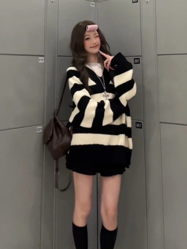 

Свитер Laid-ba в полоску с V-образным вырезом, однотонный, свободного кроя, уникальный, маленький размер, зимний, модный, женский, вязаный, повседневный, для работы