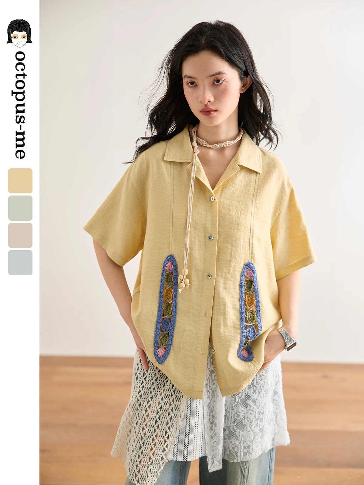 

Octopusme Women's Linen ort Sve irt Vintage Design Summer Feel Good Loose Fit Button Detail Splice Color irt