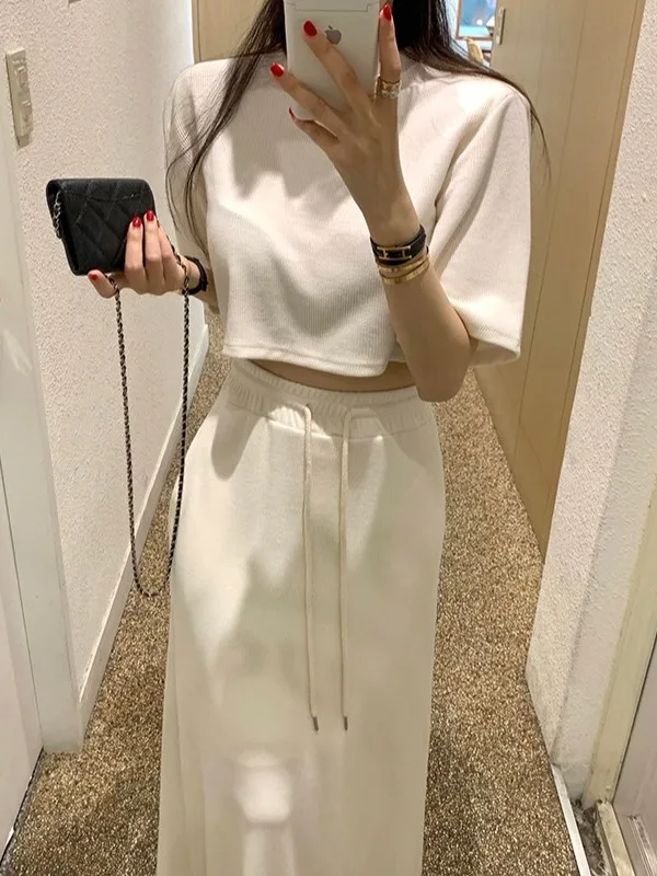 

Korean Chic Summer New Sle Pure Color ort Sve T-irt High Waist Belted Midi Skirt Set Women's Faion Outfit