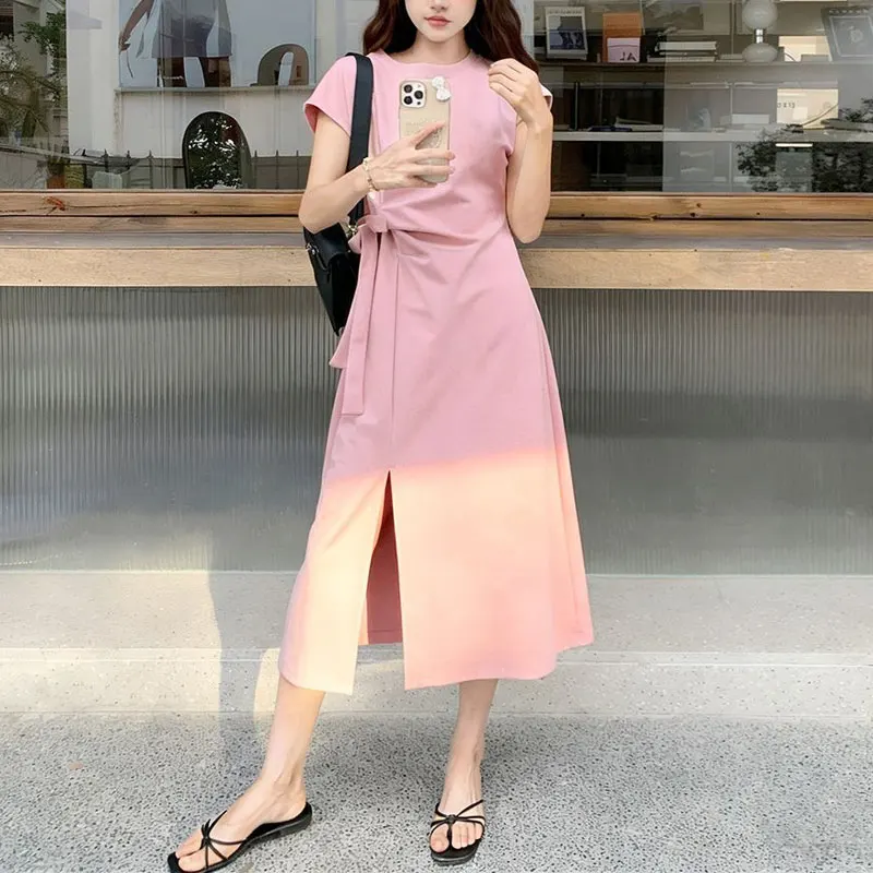 

Gentle Solid Color Folds Split Midi Dress Summer Short Sleeve Female Clothing Round Neck Stylish Drawstring Bow A-Line Dresses