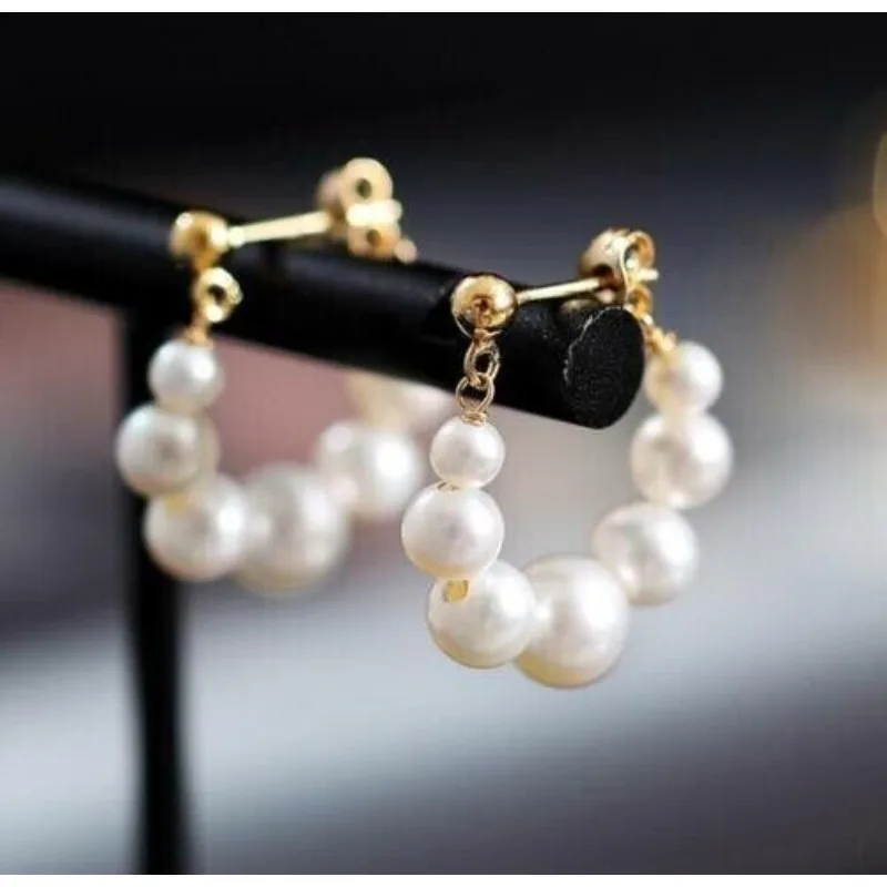 Fashion AAA + Real Natural White Akoya Pearl Earrings for Women 14K YELLOW GOLD