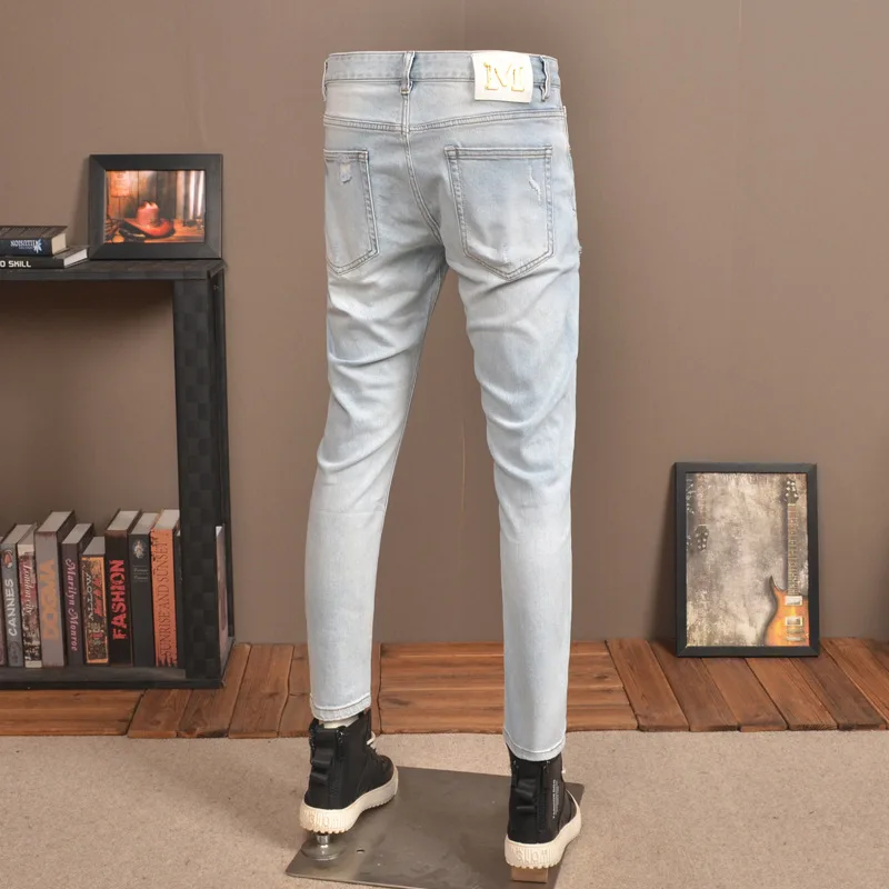 Retro Light Color Hole Jeans Men's Thin Summer Trendy Stretch Slim Fit Skinny High-End Casual Patch Men's Pants