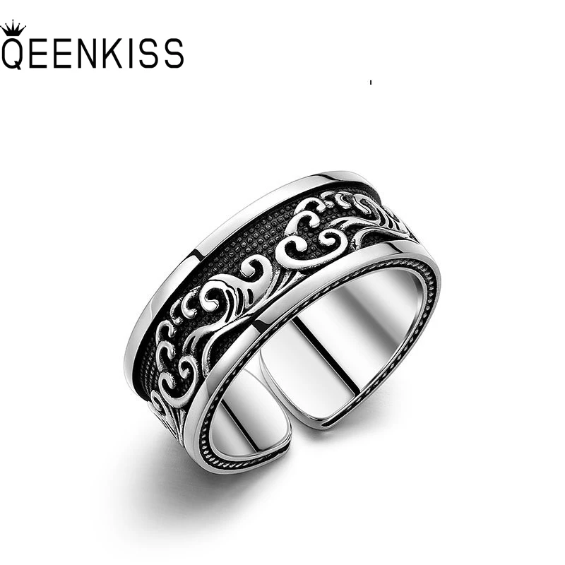 

QEENKISS 925 Sterling Silver Vintage Sea Wave Ring for Men Jewelry Wholesale Birthday Wedding Party Boyfriend Father Gift RG7001