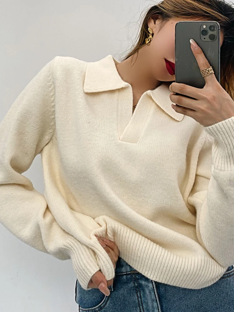 Traf Knitted Pullovers Sweater Women Fashion Autumn Loose Turn Down Collar Casual Thick V Neck Solid Female Tops 2023 Knitwear