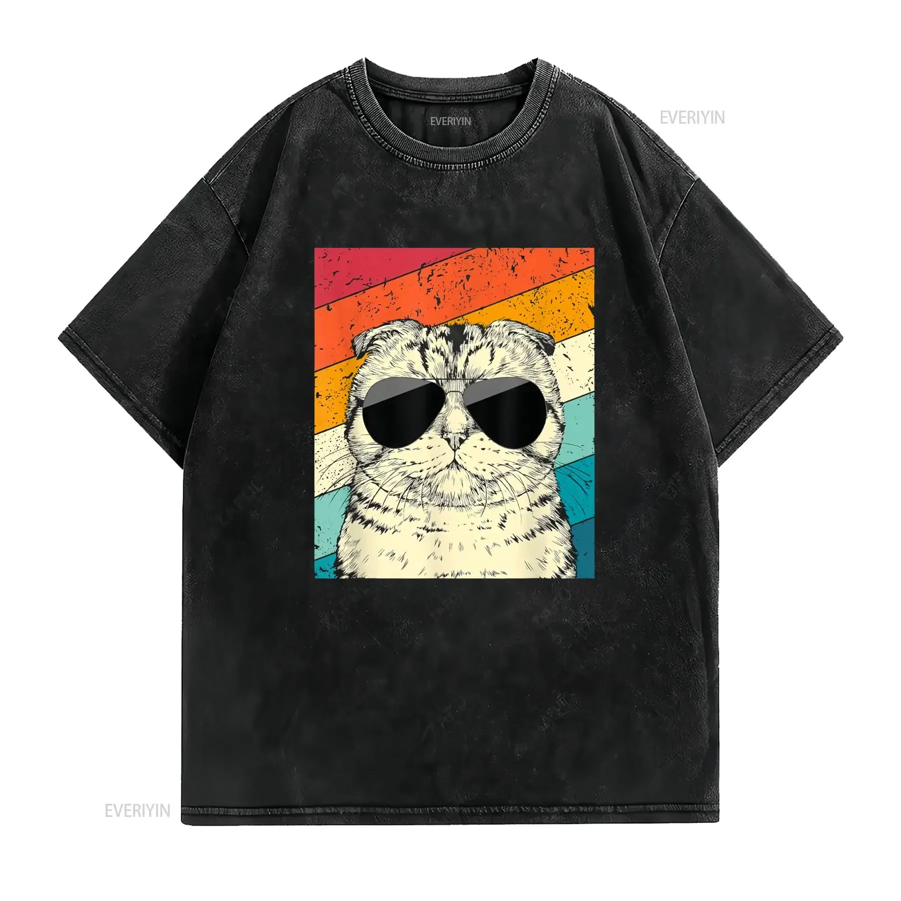 Retro Vintage Scottish Fold Cat with Sunglasses Lovers T Shirt vintage Washed Breathable Unisex graphic homme Stylish